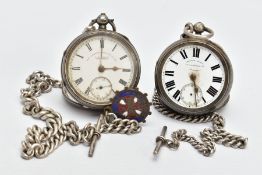 TWO SILVER OPEN FACE POCKET WATCHES, a 'Joseph Lines' pocket watch, with a white dial and Roman