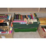 FIVE BOXES OF HARDBACK AND PAPERBACK BOOKS, OVER ONE HUNDRED AND FORTY TITLES, subjects include 'Les