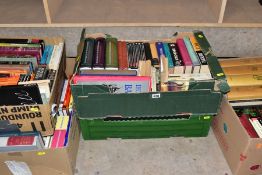 FIVE BOXES OF HARDBACK AND PAPERBACK BOOKS, OVER ONE HUNDRED AND FORTY TITLES, subjects include 'Les