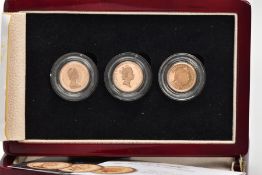 A BOXED SET OF THREE PROOF HALF SOVEREIGNS WITH ALL ELIZABETH II FACE DESIGNS, to include 1983 by