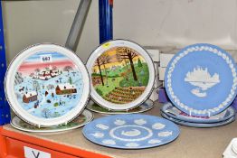 FOUR BOXED WEDGWOOD PALE BLUE JASPERWARE CHRISTMAS PLATES AND FOUR BOXED VILLEROY & BOCH 'THE FOUR