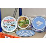 FOUR BOXED WEDGWOOD PALE BLUE JASPERWARE CHRISTMAS PLATES AND FOUR BOXED VILLEROY & BOCH 'THE FOUR