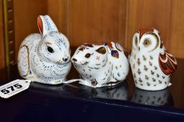 THREE BOXED ROYAL CROWN DERBY COLLECTORS GUILD PAPERWEIGHTS, comprising 'Bunny', 'Owlet' and 'Bank