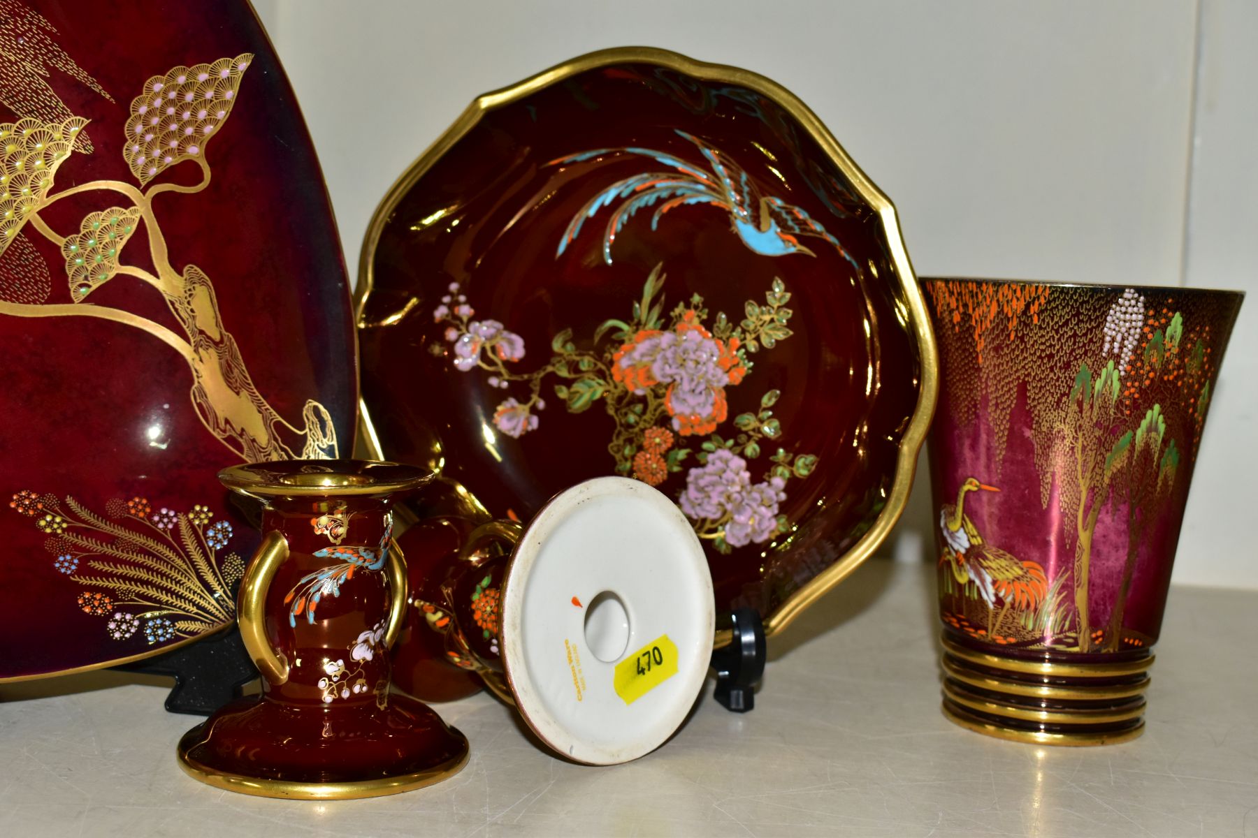 FIVE PIECES OF CARLTON WARE ROUGE ROYALE, comprising a triangular dish in the Heron and Magical Tree - Image 4 of 8