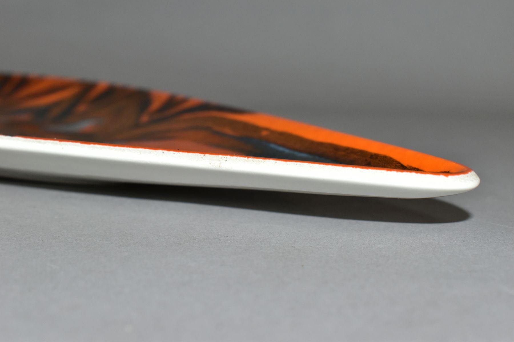 A POOLE POTTERY ORANGE DELPHIS PATTERN SPEAR SHAPED TRAY, printed back stamp, approximate length - Image 6 of 8