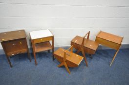 FOUR VARIOUS SEWING BOXES to include a Scandinavian style beech sewing table, two sewing boxes on