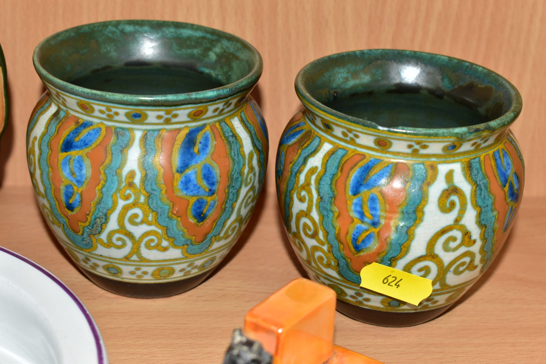 A SMALL GROUP OF DECORATIVE CERAMICS, comprising a pair of Gouda 'Collier' pattern vases, - Image 6 of 12