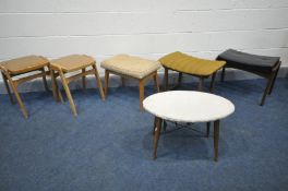 A QUANTITTY OF VARIOUS STOOLS, to include a pair of beech stacking stools, two mid-century teak
