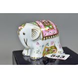 A BOXED, ROYAL CROWN DERBY BABY INDIAN ELEPHANT PAPERWEIGHT height 5cm, length 7cm, with red printed