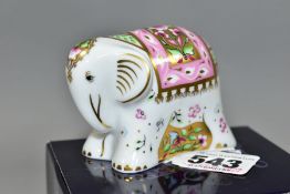 A BOXED, ROYAL CROWN DERBY BABY INDIAN ELEPHANT PAPERWEIGHT height 5cm, length 7cm, with red printed