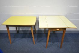 TWO MID CENTURY FORMICA TOPPED KITCHEN TABLES, including one drop leaf