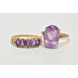 TWO 9CT GOLD AMETHYST RINGS, the first a five stone oval cut amethyst ring, prong set with scrolling