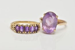 TWO 9CT GOLD AMETHYST RINGS, the first a five stone oval cut amethyst ring, prong set with scrolling