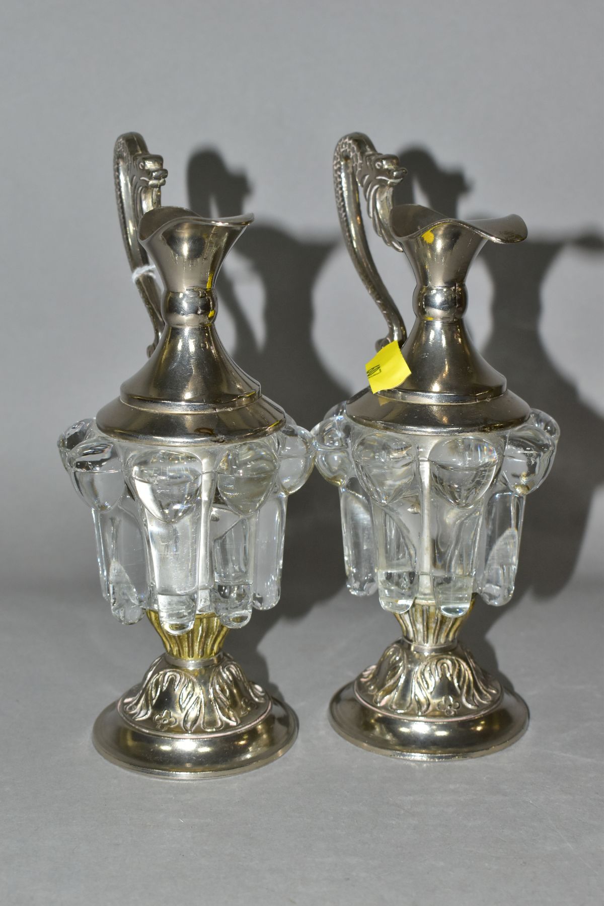 A PAIR OF DECORATIVE GLASS AND EPNS MINIATURE CLARET JUGS, the handles cast as mythical creatures, - Image 2 of 7