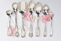 A SELECTION OF SILVER SPOONS, to include a late Victorian fiddle pattern sugar scoop, shell detail