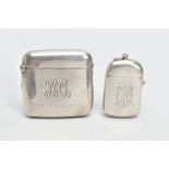 TWO SILVER VESTA CASES, to include a large square vesta of a plain polished design and engraved