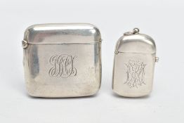 TWO SILVER VESTA CASES, to include a large square vesta of a plain polished design and engraved