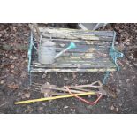 AN ALUMINIUM GARDEN BENCH with distressed slats, length 125cm, various garden hand tools and a