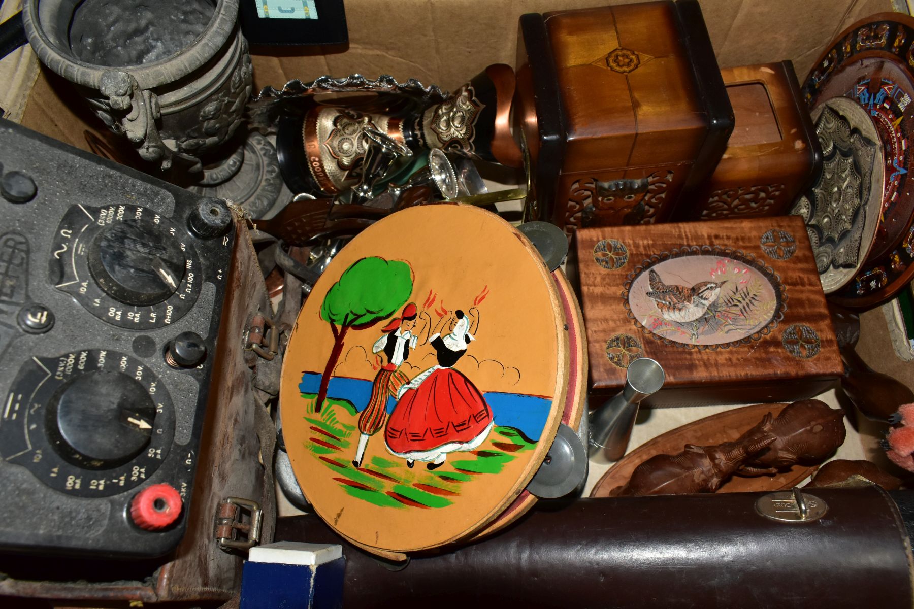 TWO BOXES AND LOOSE WALKING STICKS, PICTURES, METALWARE, COLLECTABLES, ETC, including a wooden and - Image 7 of 10