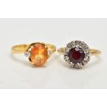 TWO YELLOW METAL GEM SET RINGS, the first of a cluster design, set with a central circular cut