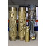 FOUR EARLY 20TH CENTURY BRASS TRENCH ART VASES, comprising a pair of vases each embossed with a