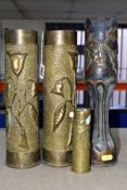 FOUR EARLY 20TH CENTURY BRASS TRENCH ART VASES, comprising a pair of vases each embossed with a