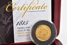 A GOLD 1815 KING LOUIS XVIII 20 FRANC COIN, struck by the royal mint London in its own box with