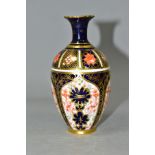 A SMALL ROYAL CROWN DERBY IMARI PATTERN BALUSTER VASE, pattern number 1434, with red printed,