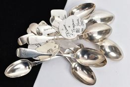A SELECTION OF GEORGIAN AND VICTORIAN TEASPOONS, nine spoons in total, eight fiddle pattern and