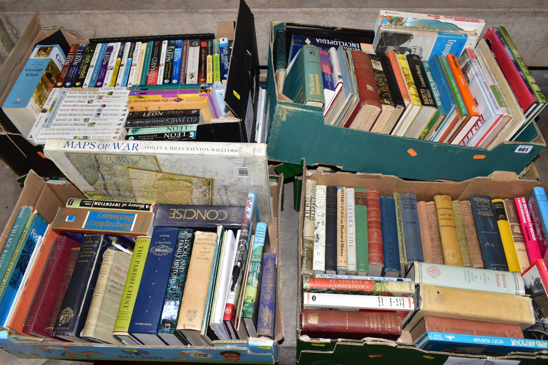 SIX BOXES OF HARDBACK AND PAPERBACK BOOKS, OVER 0NE HUNDRED AND NINETY VOLUMES, including crime