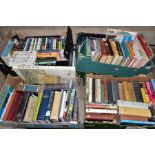 SIX BOXES OF HARDBACK AND PAPERBACK BOOKS, OVER 0NE HUNDRED AND NINETY VOLUMES, including crime