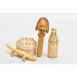 A CHINESE IVORY COUNTER BOX AND OTHER CARVED ITEMS, a carved box depicting three men and foliage,