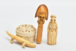 A CHINESE IVORY COUNTER BOX AND OTHER CARVED ITEMS, a carved box depicting three men and foliage,