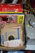 TWO BOXES AND LOOSE SLIDE PROJECTOR, RECORDS, TABLET COMPUTER AND SUNDRY ITEMS, to include a boxed