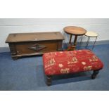 A HARDWOOD BLANKET CHEST, width 116cm x depth 38cm x height 47cm, long footstool, length 91cm, a