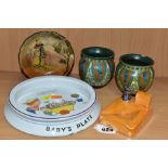 A SMALL GROUP OF DECORATIVE CERAMICS, comprising a pair of Gouda 'Collier' pattern vases,