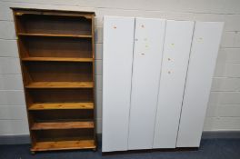 TWO WHITE PAINTED TWO DOOR BOOKCASES, width 72cm x depth 31cm x height 183cm (one replacement shelf)
