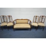 AN EDWARDIAN MAHOGANY AND STRING INLAID FIVE PIECE SALON SUITE, with gold upholstery, comprising