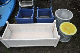A WHITE PAINTED PINE PLANTER, a pair of matching blue painted square planters, length 102cm x