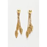 A PAIR OF YELLOW METAL DROP EARRINGS, each stud earring fitted with three chains suspending