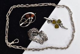 TWO SILVER BROOCHES, AN ALBERT CHAIN AND ONE OTHER PIECE, to include a 'Charles Horner' thistle