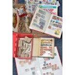 A BOX OF STAMPS, CIGARETTE CARDS AND MATCHBOX LABELS, to include a green album containing Canadian