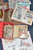 A BOX OF STAMPS, CIGARETTE CARDS AND MATCHBOX LABELS, to include a green album containing Canadian