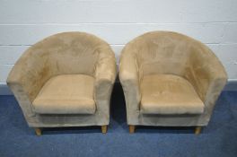 A PAIR LIGHT BROWN SUEDE UPHOLSTERED TUB CHAIRS