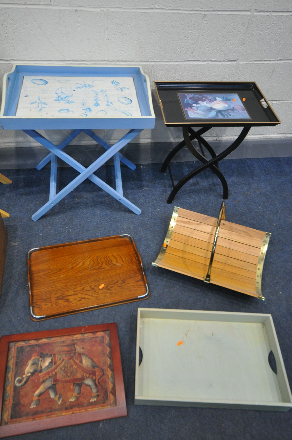 A SELECTION OF OCCASIONAL FURNITURE, to include three trays on folding, three other trays, a brass - Image 2 of 2