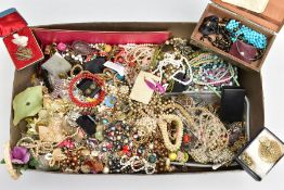 A BOX OF ASSORTED COSTUME JEWELLERY, to include necklaces, brooches, post and clip earrings and