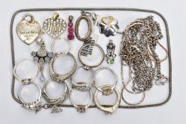 A SELECITON OF WHITE METAL JEWELLERY, to include ten rings of various styles and designs, some set
