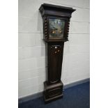 AN EARLY TO MID 20TH CENTURY OAK LONGCASE CLOCK, with a 9 inch brass and silvered dial, height 189cm