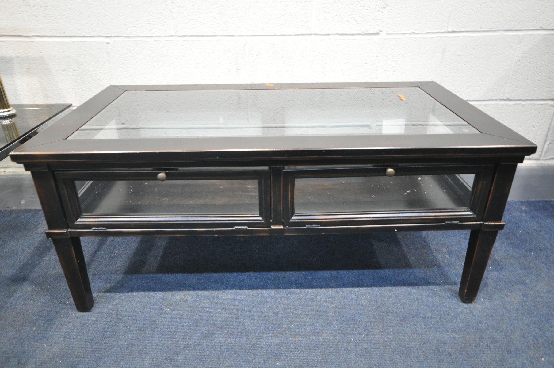 A LATE 20TH CENTURY FRENCH EBONISED COFFEE TABLE, with two opening doors, 110cm x depth 60cm x - Image 2 of 6