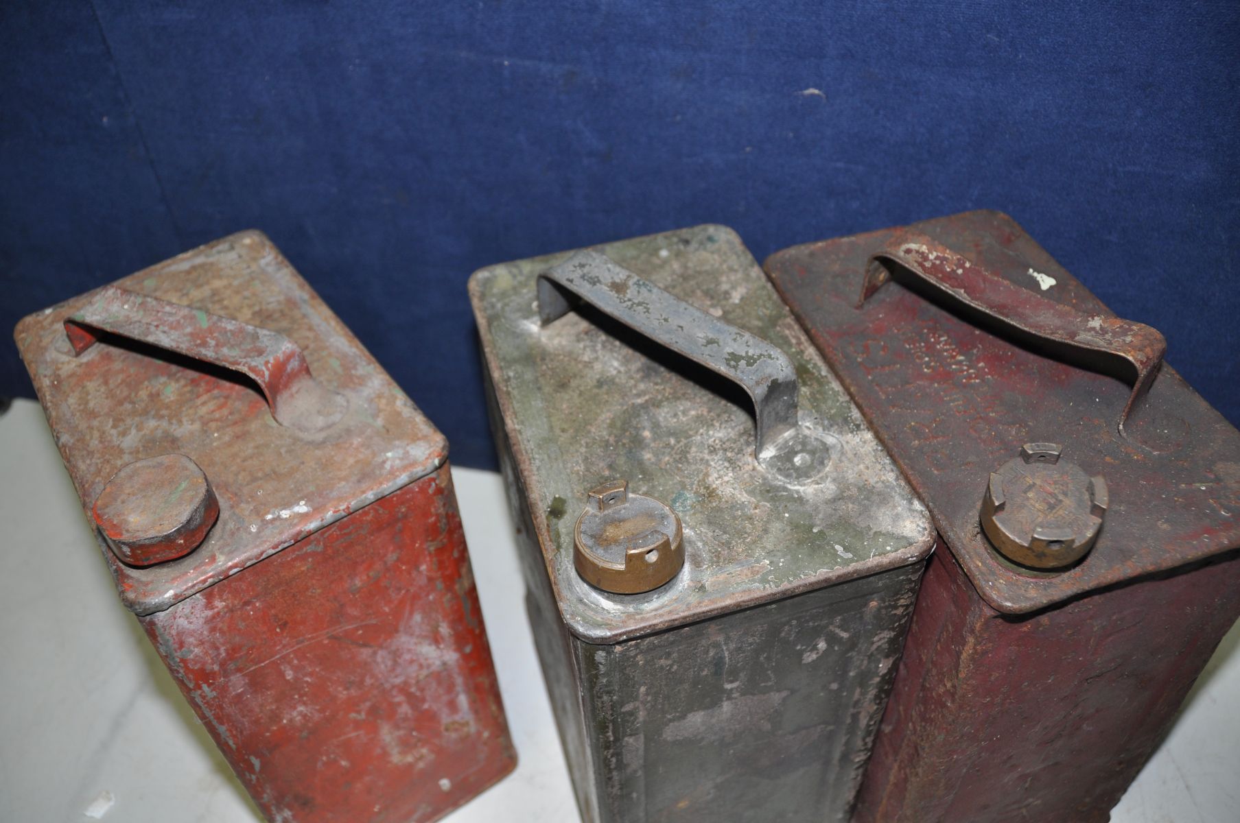 THREE VINTAGE FUEL CANS one stamped Pratts with a Shell brass knob, the other two unmarked one - Image 3 of 3